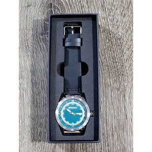 Breed Mens Mechanic Watch Leather Band Date Indicator Luminous Hands Teal Dial